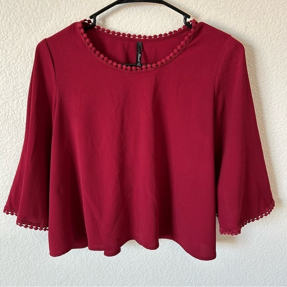 B Jewel Burgundy Crop Business Casual Conservative Casual Blouse with 3/4 Sleeve